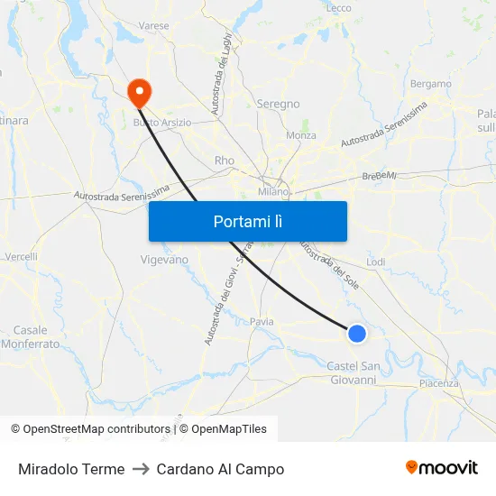 Miradolo Terme to Cardano Al Campo map
