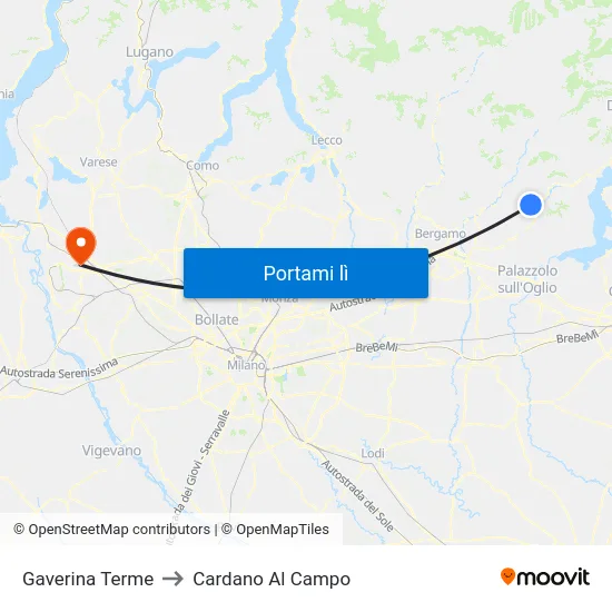 Gaverina Terme to Cardano Al Campo map