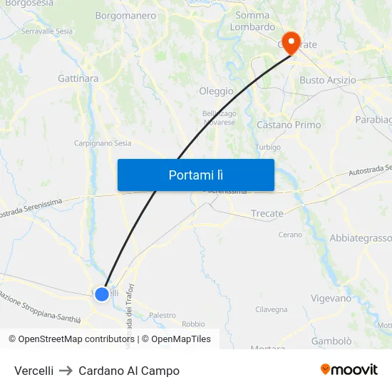 Vercelli to Cardano Al Campo map