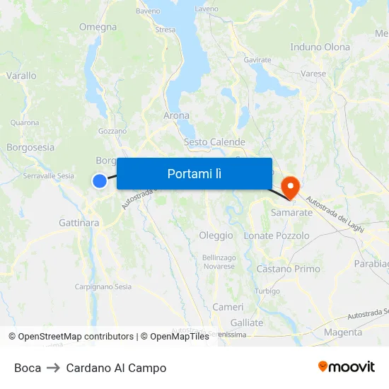 Boca to Cardano Al Campo map