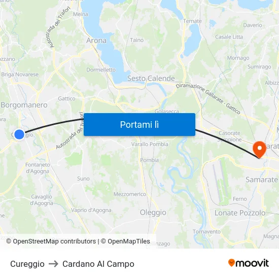 Cureggio to Cardano Al Campo map