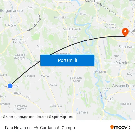 Fara Novarese to Cardano Al Campo map
