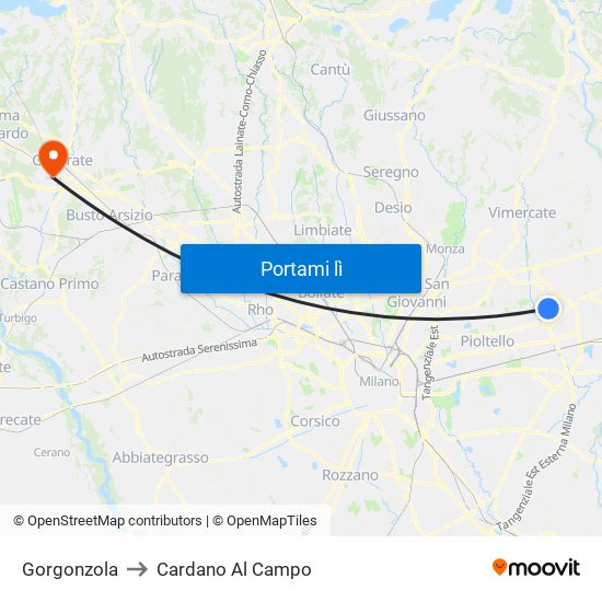 Gorgonzola to Cardano Al Campo map