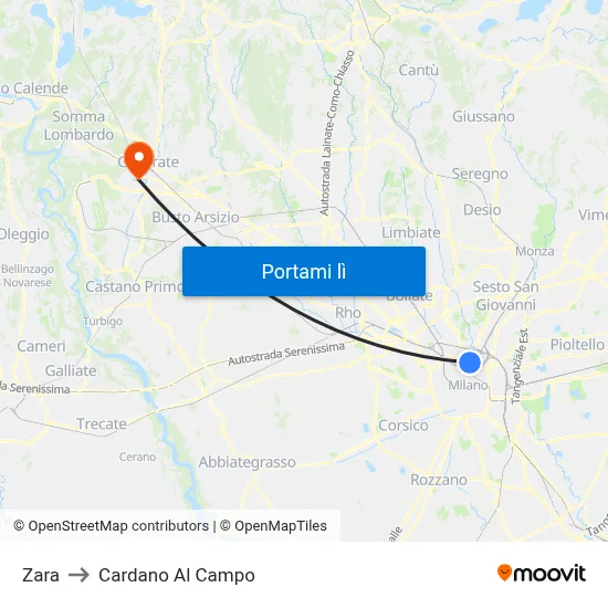 Zara to Cardano Al Campo map