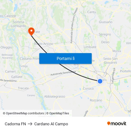 Cadorna FN to Cardano Al Campo map