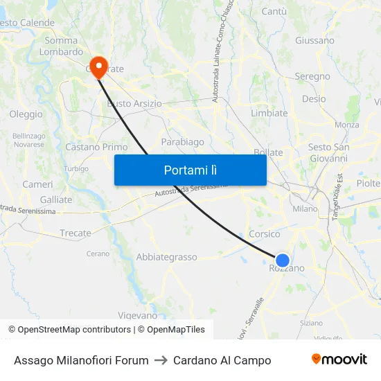 Assago Milanofiori Forum to Cardano Al Campo map