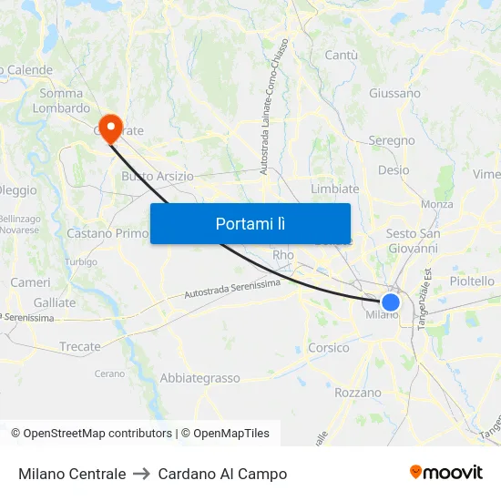 Milano Centrale to Cardano Al Campo map