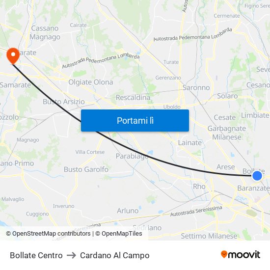 Bollate Centro to Cardano Al Campo map