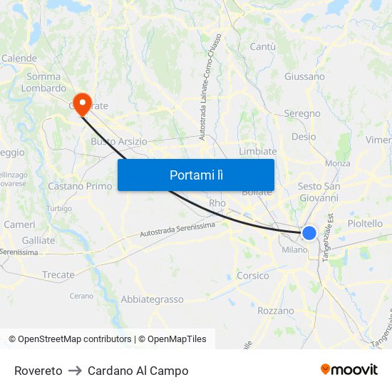 Rovereto to Cardano Al Campo map