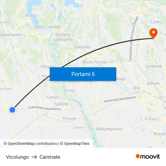 Vicolungo to Carimate map