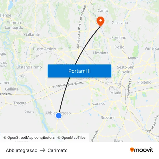 Abbiategrasso to Carimate map