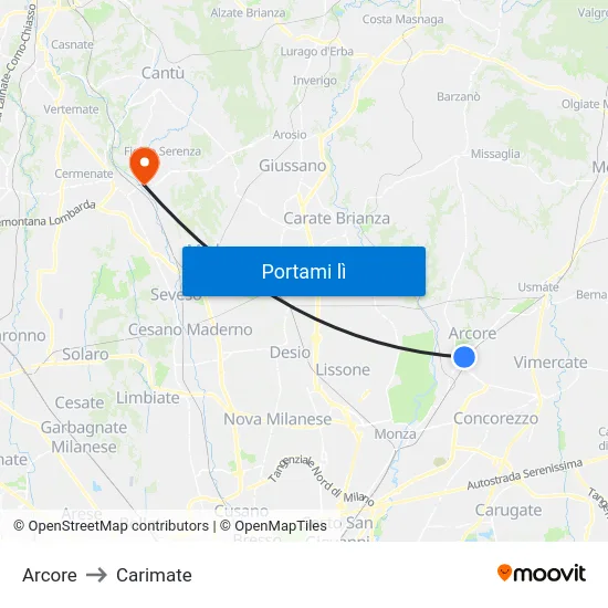 Arcore to Carimate map