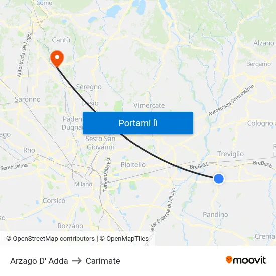 Arzago D' Adda to Carimate map