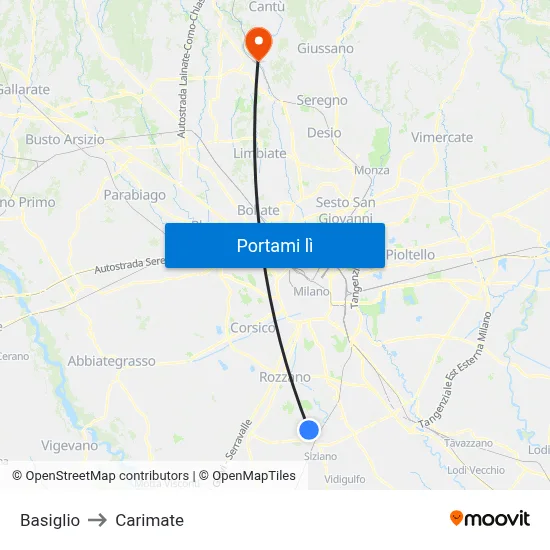 Basiglio to Carimate map
