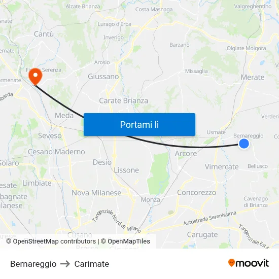 Bernareggio to Carimate map