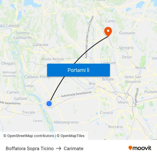 Boffalora Sopra Ticino to Carimate map