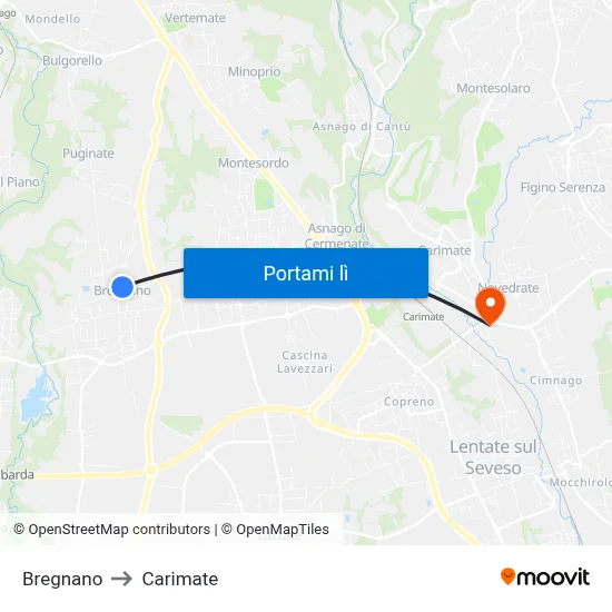 Bregnano to Carimate map