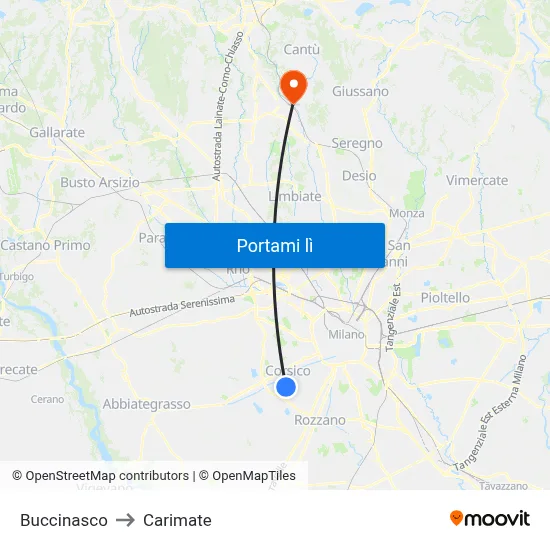 Buccinasco to Carimate map