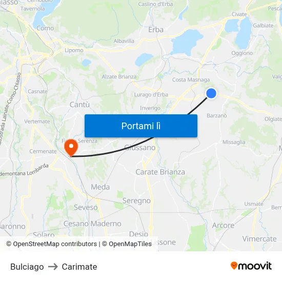 Bulciago to Carimate map
