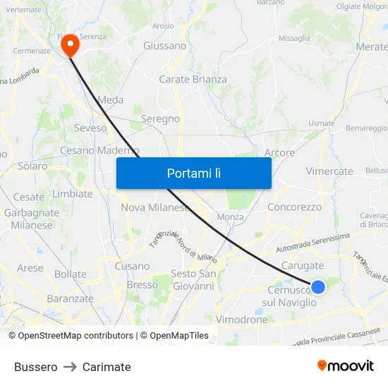 Bussero to Carimate map