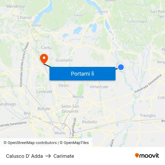 Calusco D' Adda to Carimate map