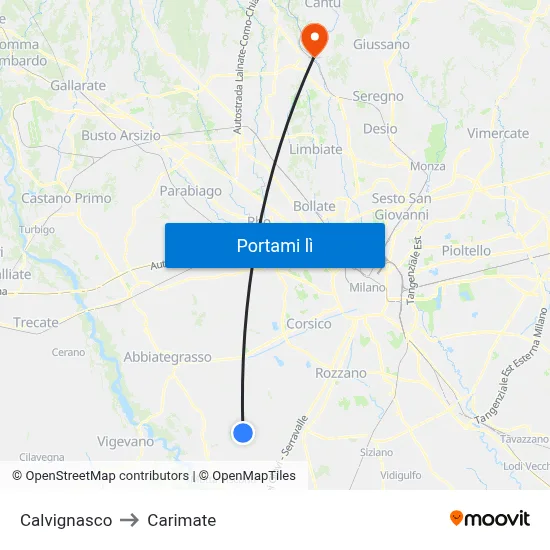 Calvignasco to Carimate map