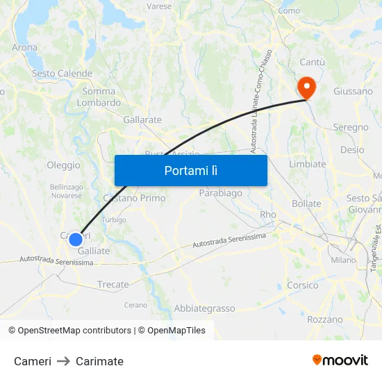 Cameri to Carimate map