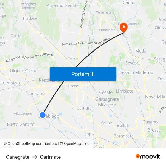 Canegrate to Carimate map