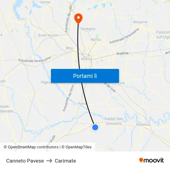 Canneto Pavese to Carimate map