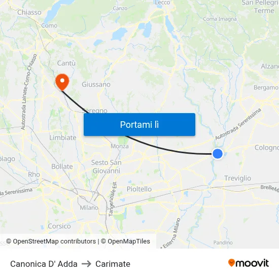 Canonica D' Adda to Carimate map