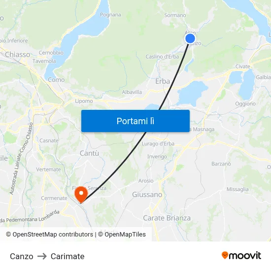 Canzo to Carimate map