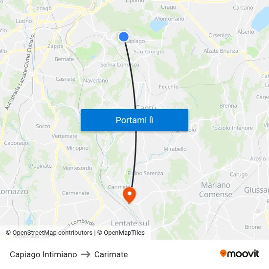 Capiago Intimiano to Carimate map