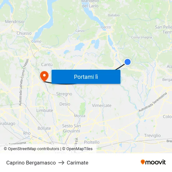 Caprino Bergamasco to Carimate map