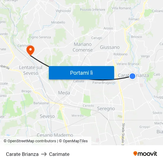 Carate Brianza to Carimate map