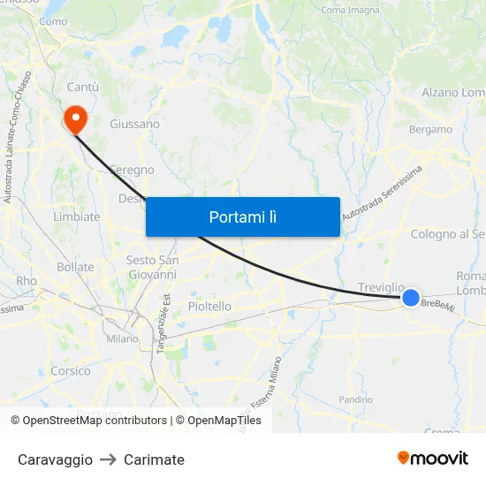 Caravaggio to Carimate map