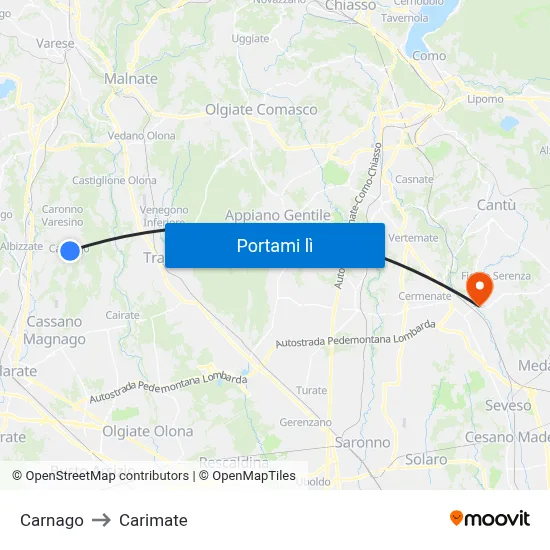 Carnago to Carimate map