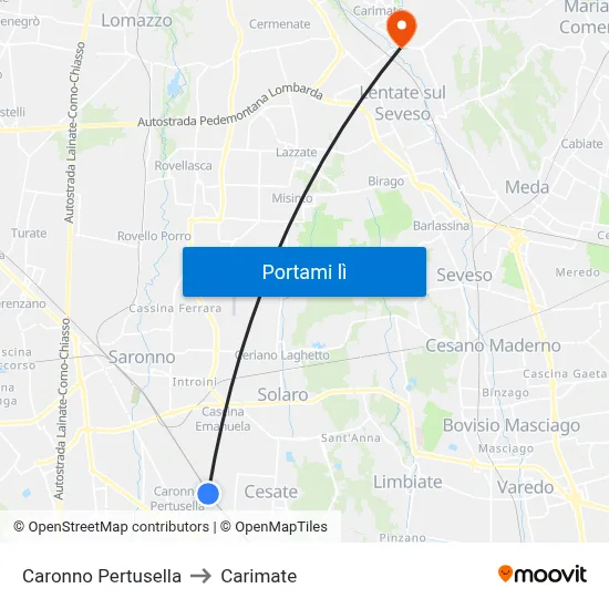 Caronno Pertusella to Carimate map