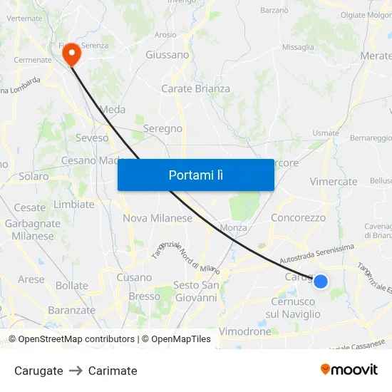 Carugate to Carimate map