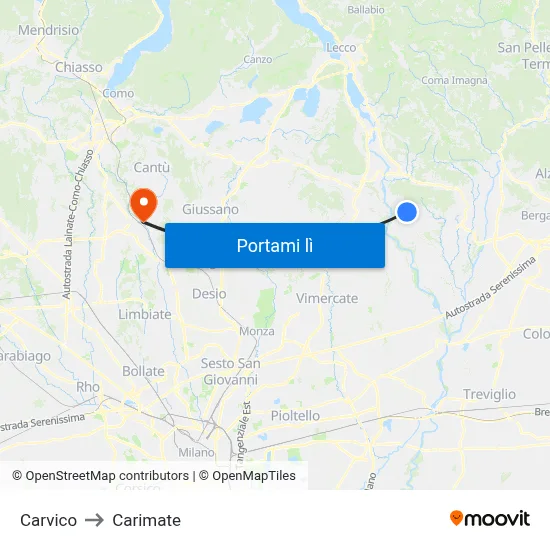 Carvico to Carimate map