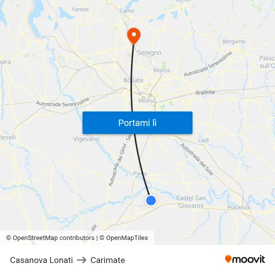 Casanova Lonati to Carimate map