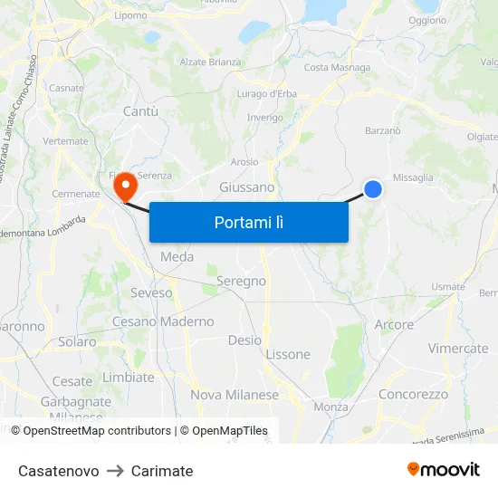 Casatenovo to Carimate map