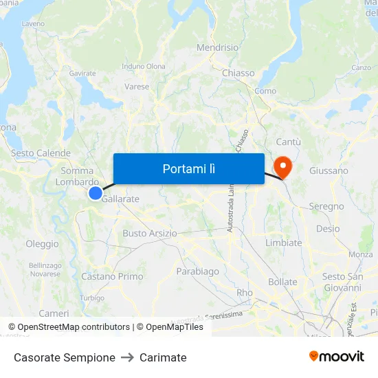 Casorate Sempione to Carimate map