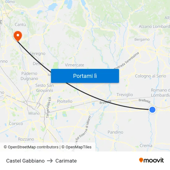 Castel Gabbiano to Carimate map