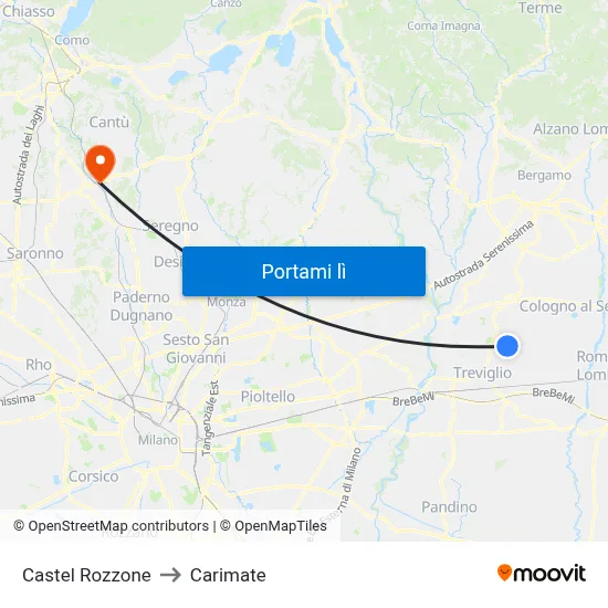Castel Rozzone to Carimate map