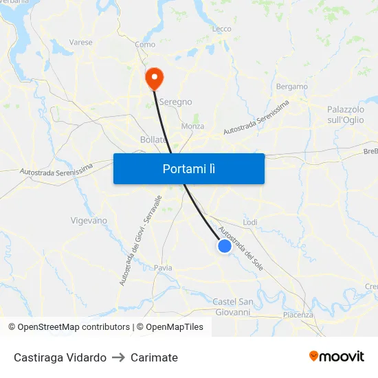 Castiraga Vidardo to Carimate map