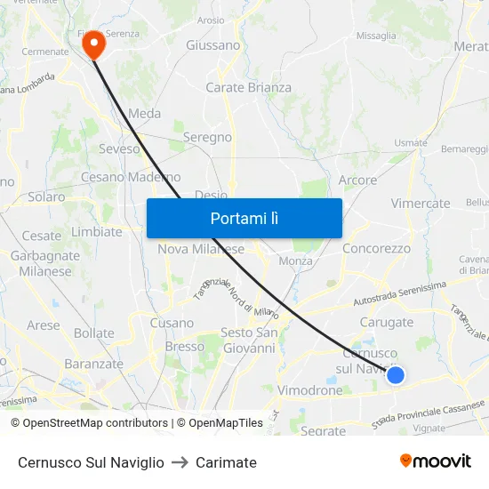 Cernusco Sul Naviglio to Carimate map