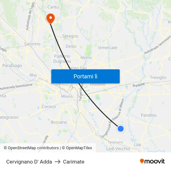 Cervignano D' Adda to Carimate map