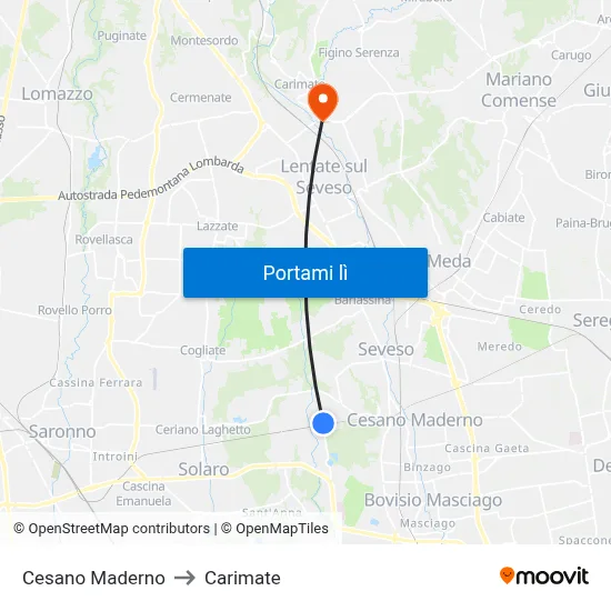 Cesano Maderno to Carimate map
