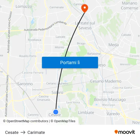 Cesate to Carimate map