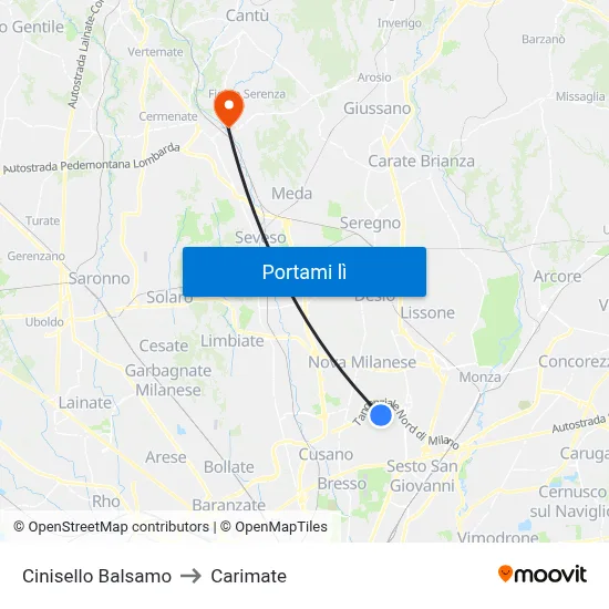 Cinisello Balsamo to Carimate map